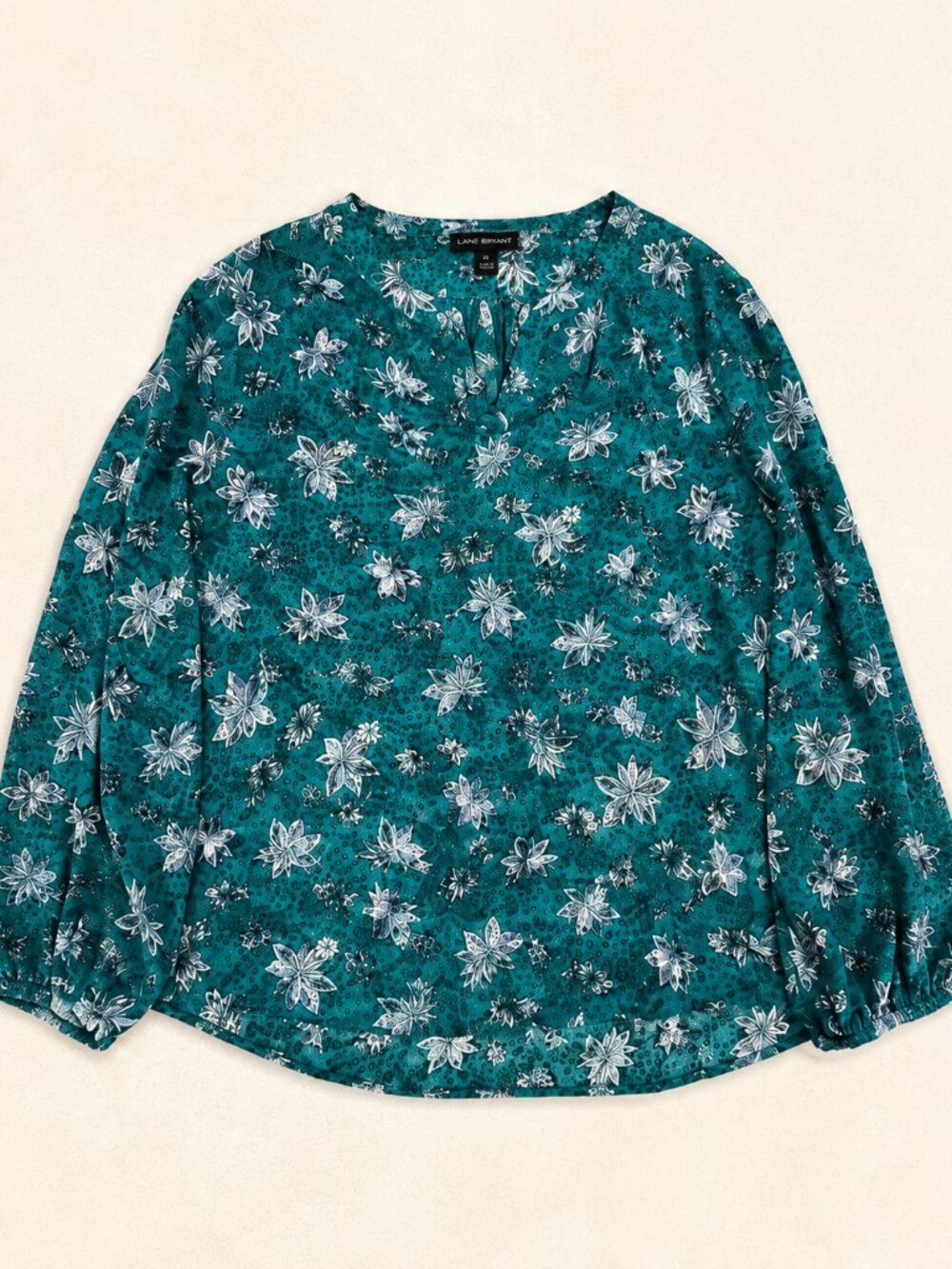 Lane Bryant Teal Floral Blouse Size 22 Long Sleeve Split Neck Top
